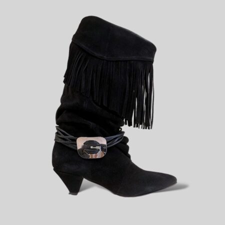 Stivale Donna alto con frange e accessorio scamosciato nero