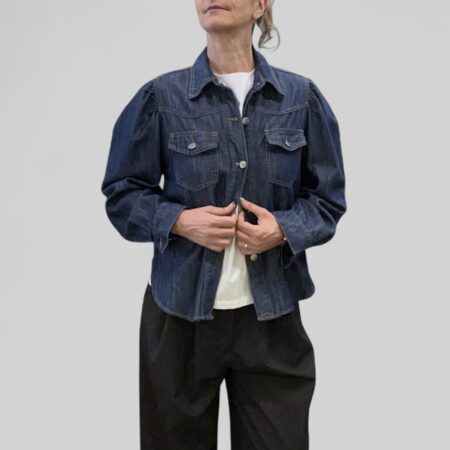 Giacca donna in denim blu maniche a sbuffo