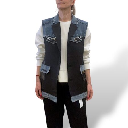 Gilet donna con inserti denim e taffetà nero
