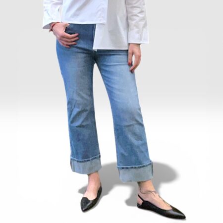 Jeans donna dritto blu con risvolto alto
