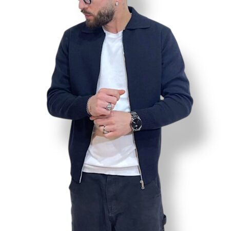 Maglia uomo misto cotone con zip blu