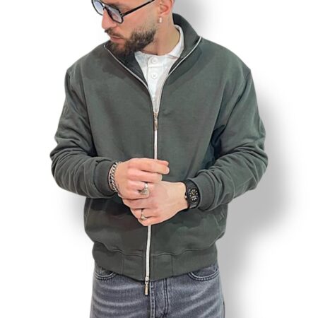 Felpa uomo cotone garzato con zip verde militare