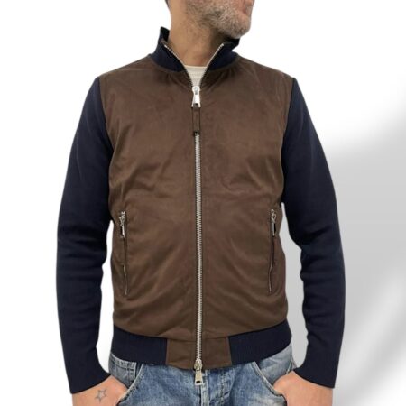 Cardigan uomo in maglia blu e tessuto effetto renna cioccolato