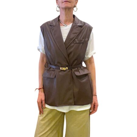 Smanicata donna in similpelle marrone con cintura