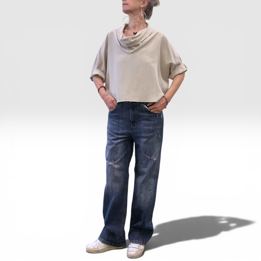 Jeans donna wide leg blu rosa con rotture - immagine 4