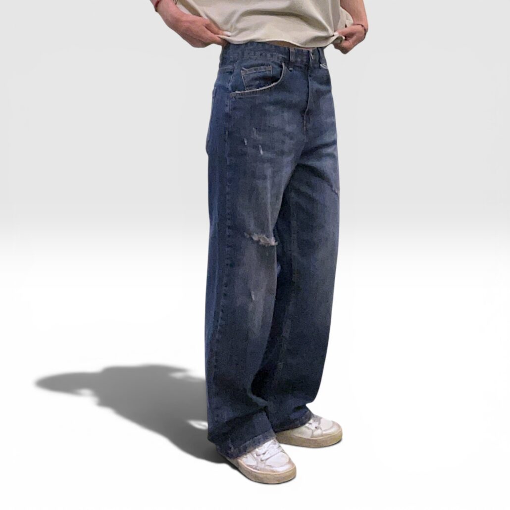 Jeans donna wide leg blu rosa con rotture - immagine 3