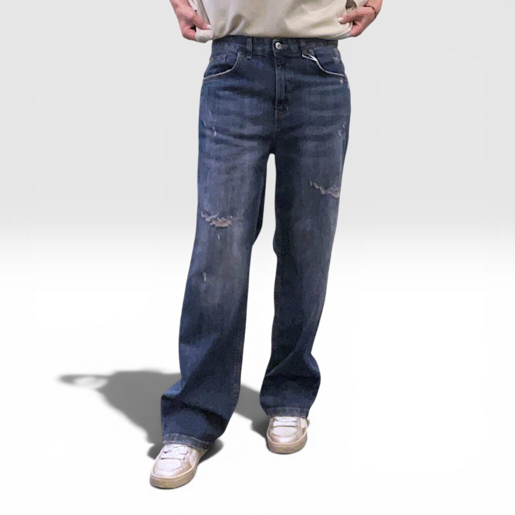 Jeans donna wide leg blu rosa con rotture - immagine 7