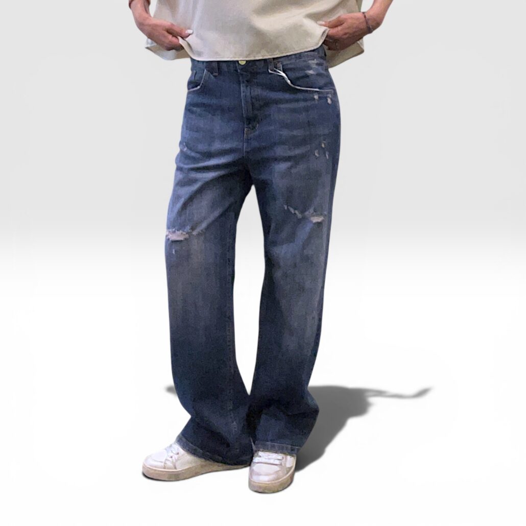Jeans donna wide leg blu rosa con rotture - immagine 2