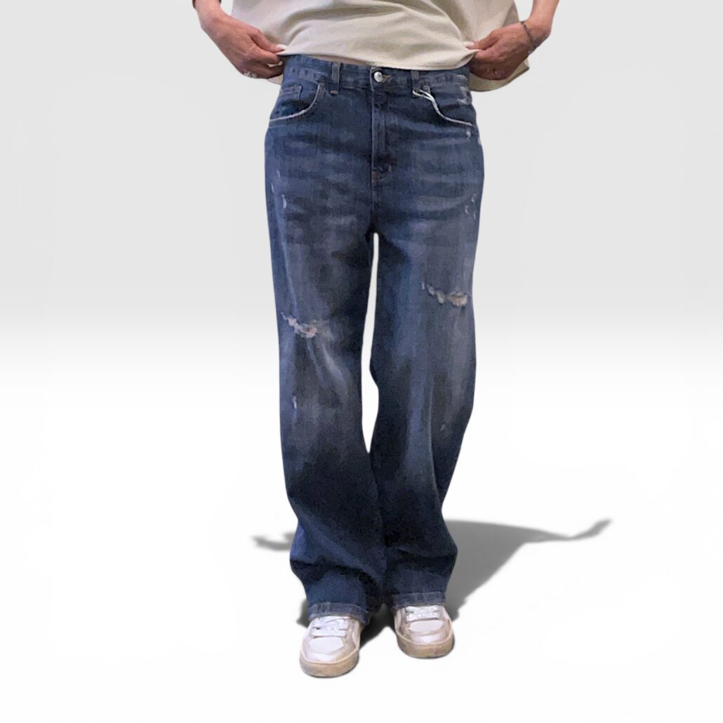 Jeans donna wide leg blu rosa con rotture