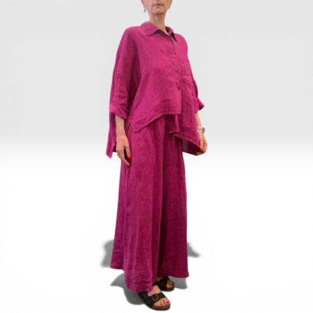 Camicia donna over in lino asimmetrica magenta