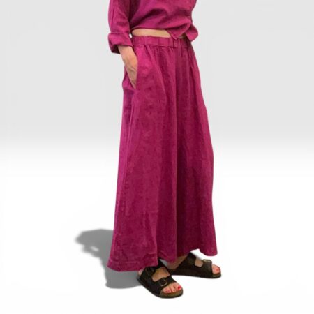 Pantalone donna wide-leg in lino lavato magenta
