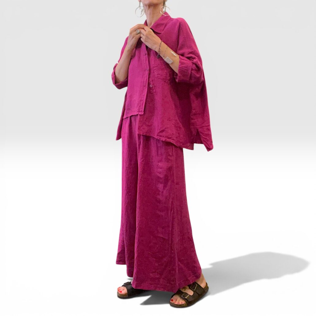 Pantalone donna wide-leg in lino lavato magenta - immagine 3