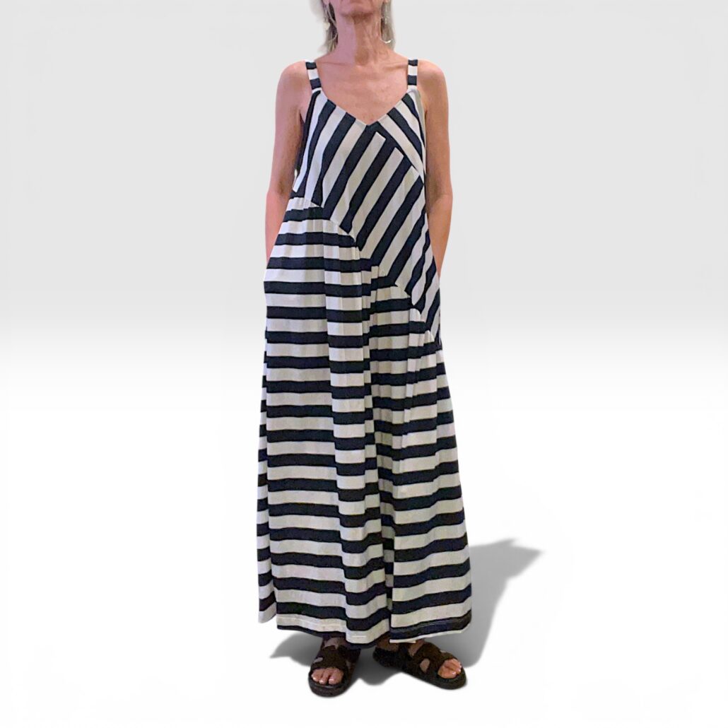 Tuta donna lunga in viscosa a righe blu bianco - immagine 3