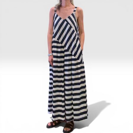 Tuta donna lunga in viscosa a righe blu bianco