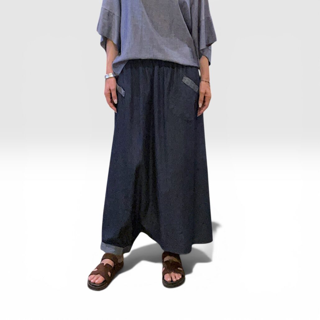 Gonna pantalone donna in cotone chambray blu - immagine 3
