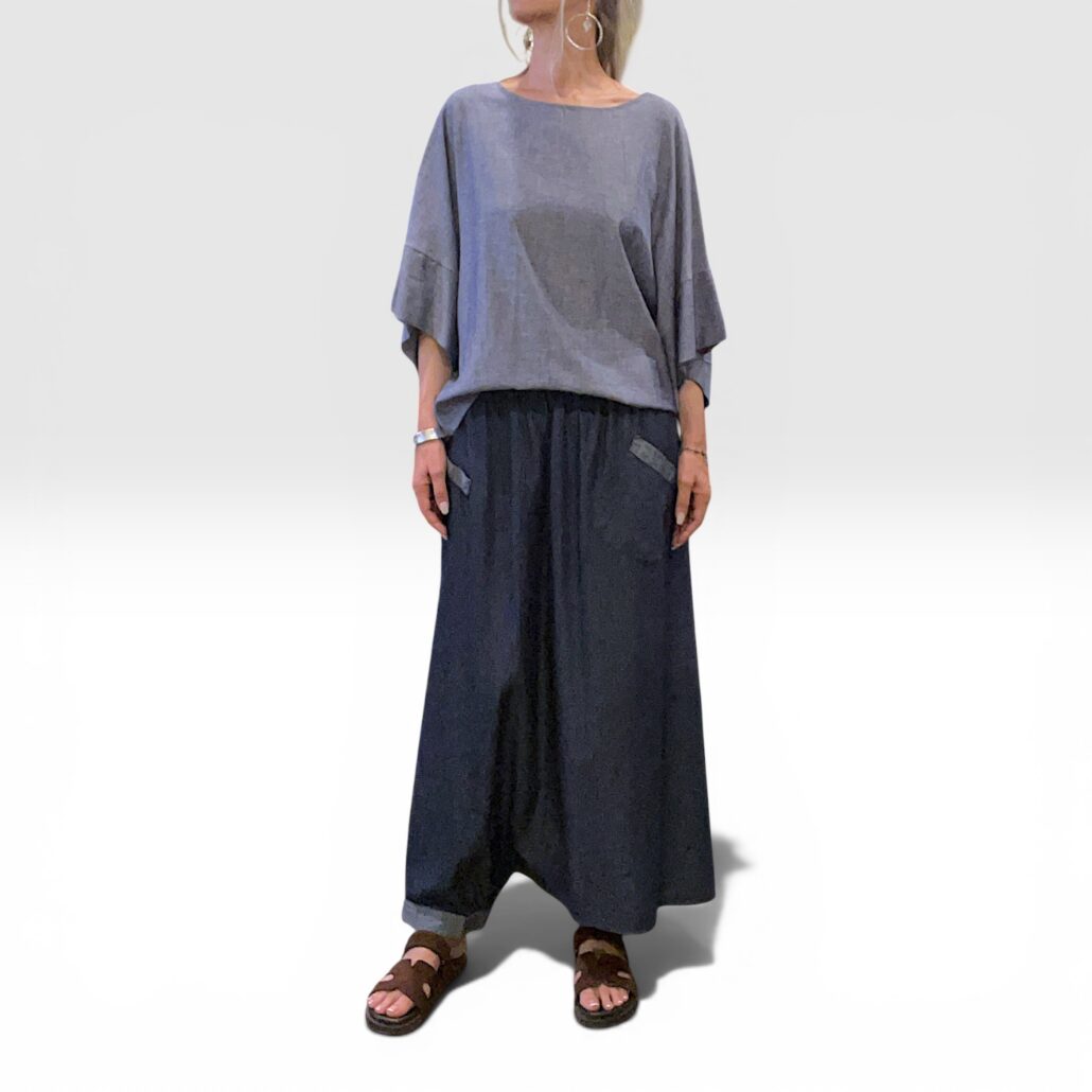 Gonna pantalone donna in cotone chambray blu - immagine 4