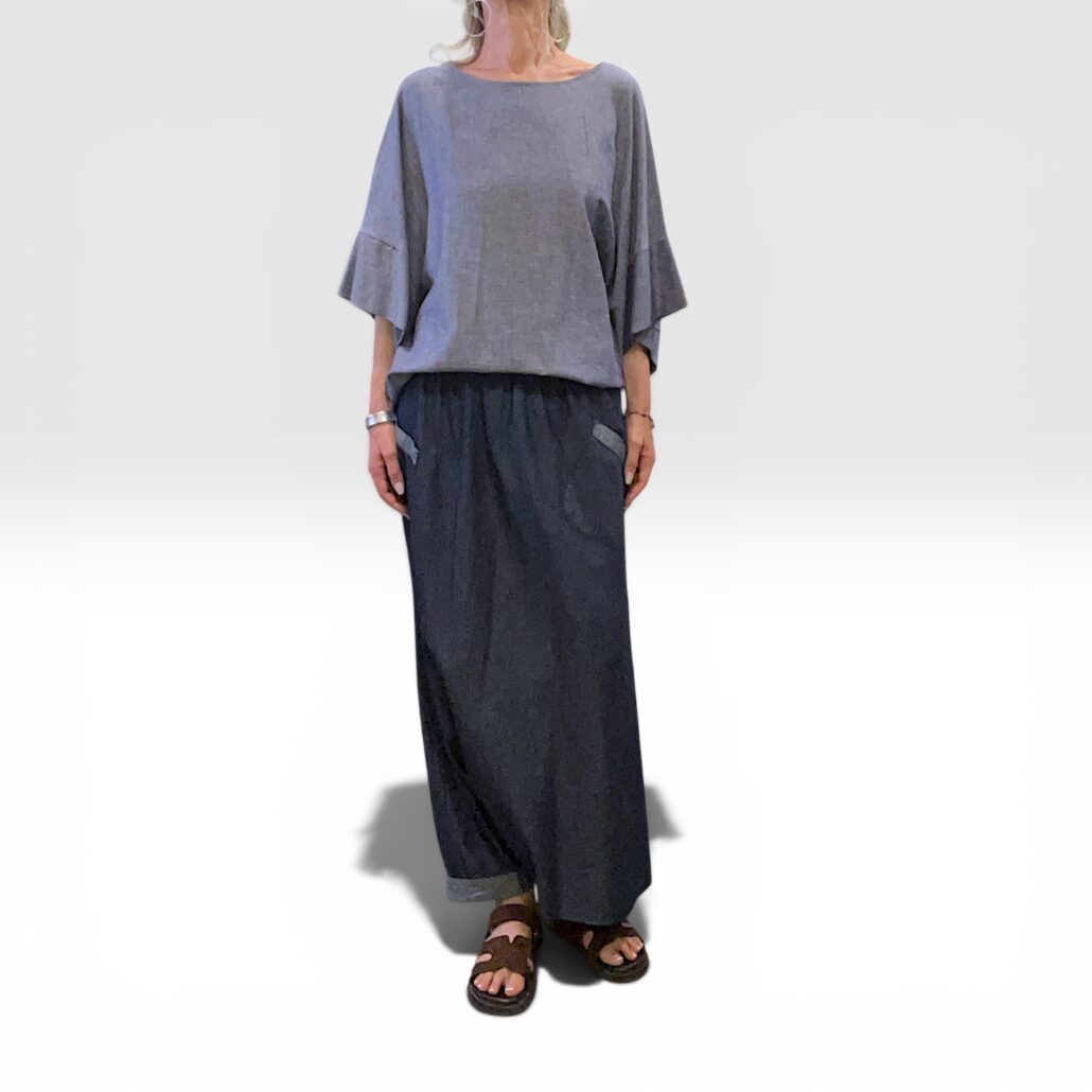 Gonna pantalone donna in cotone chambray blu - immagine 6