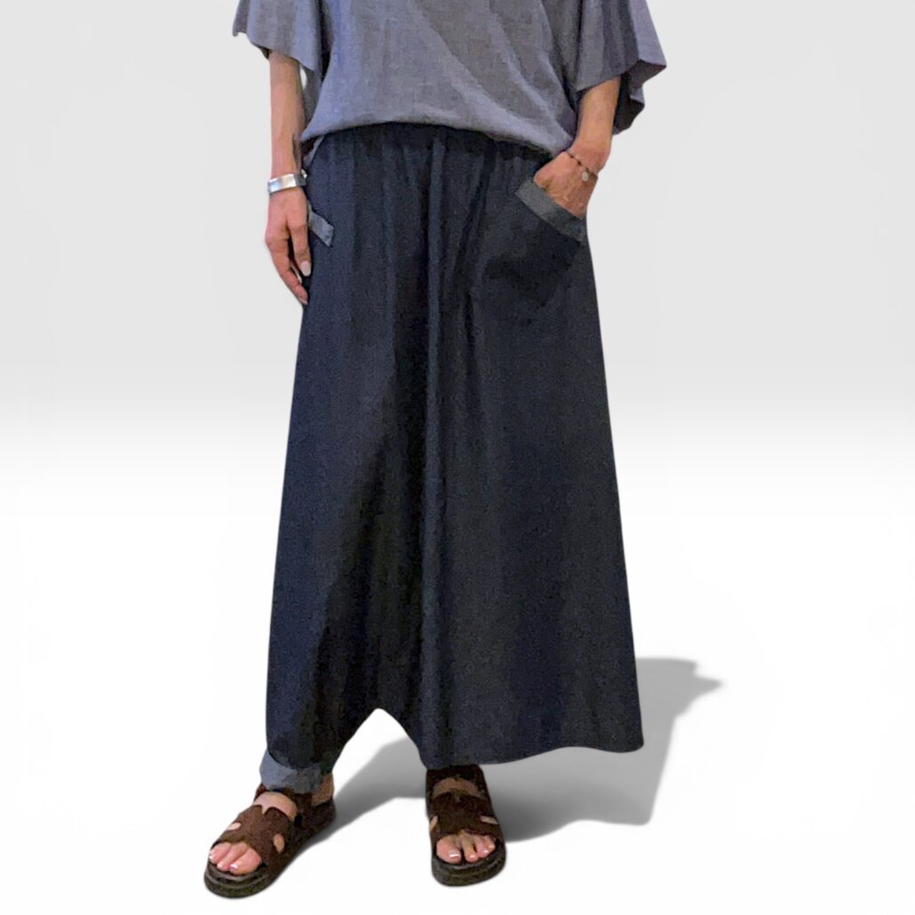 Gonna pantalone donna in cotone chambray blu - immagine 7