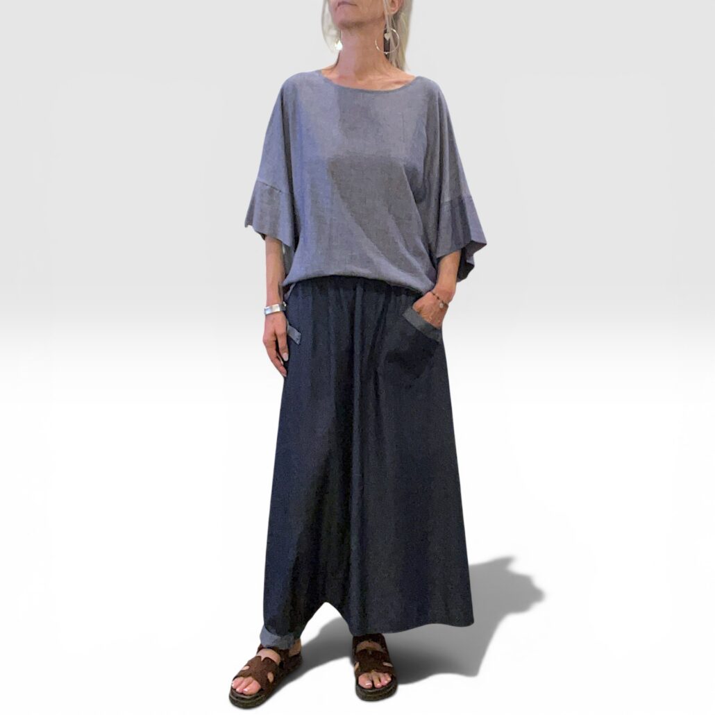 Gonna pantalone donna in cotone chambray blu - immagine 8