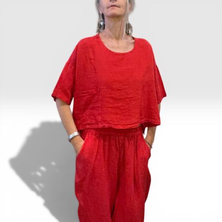 Blusa donna crop oversize in lino rosso