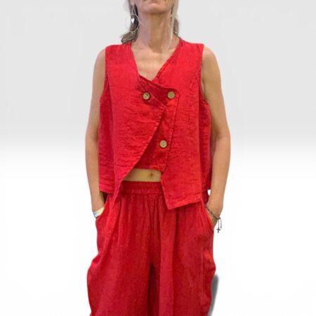 Gilet donna in lino asimmetrico con bottoni rosso