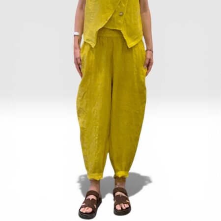 Pantalone donna in lino taglio carrot giallo
