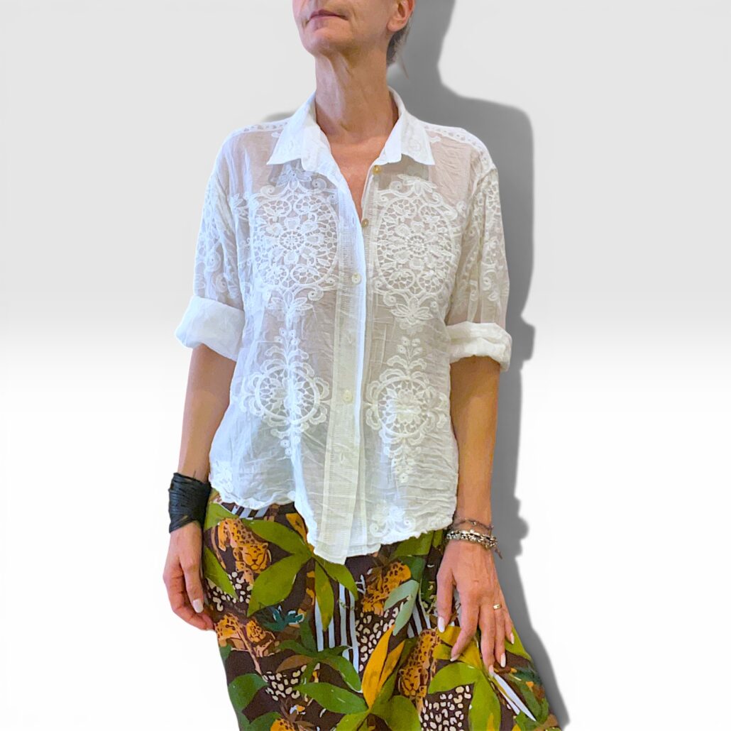 Camicia donna in cotone leggero ricami sangallo bianco - immagine 7