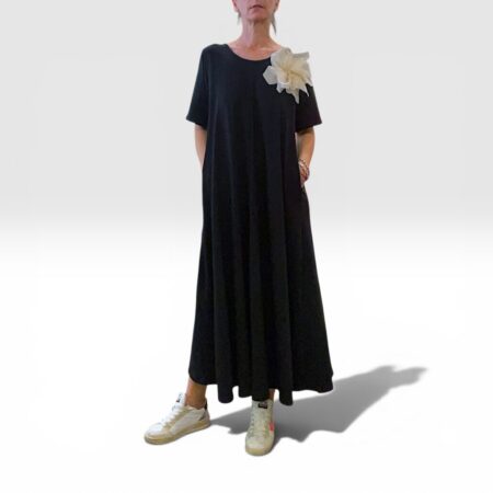 Abito donna in cotone elasticizzato nero con maxi fiore