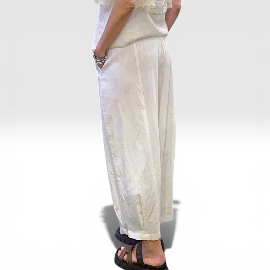 Pantalone donna largo in cotone leggero burro con coulisse - immagine 4