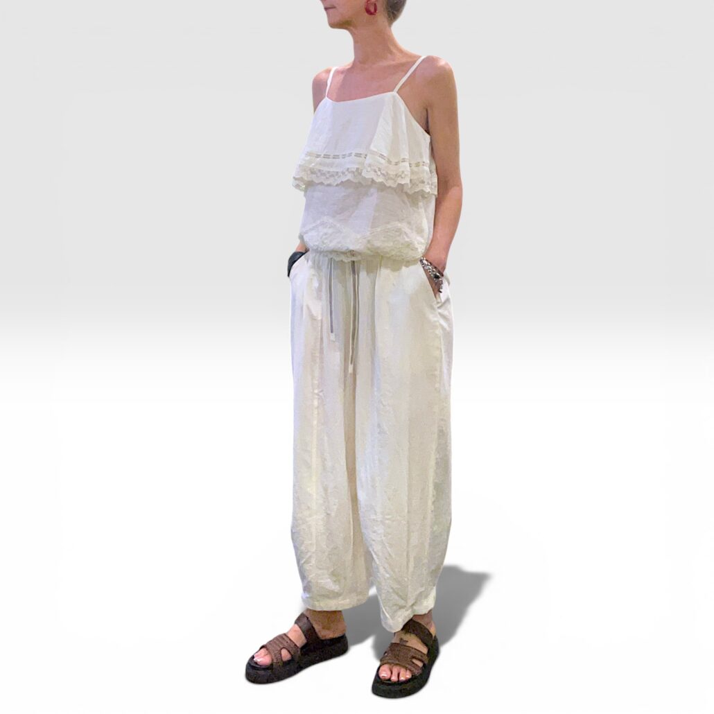 Pantalone donna largo in cotone leggero burro con coulisse - immagine 3