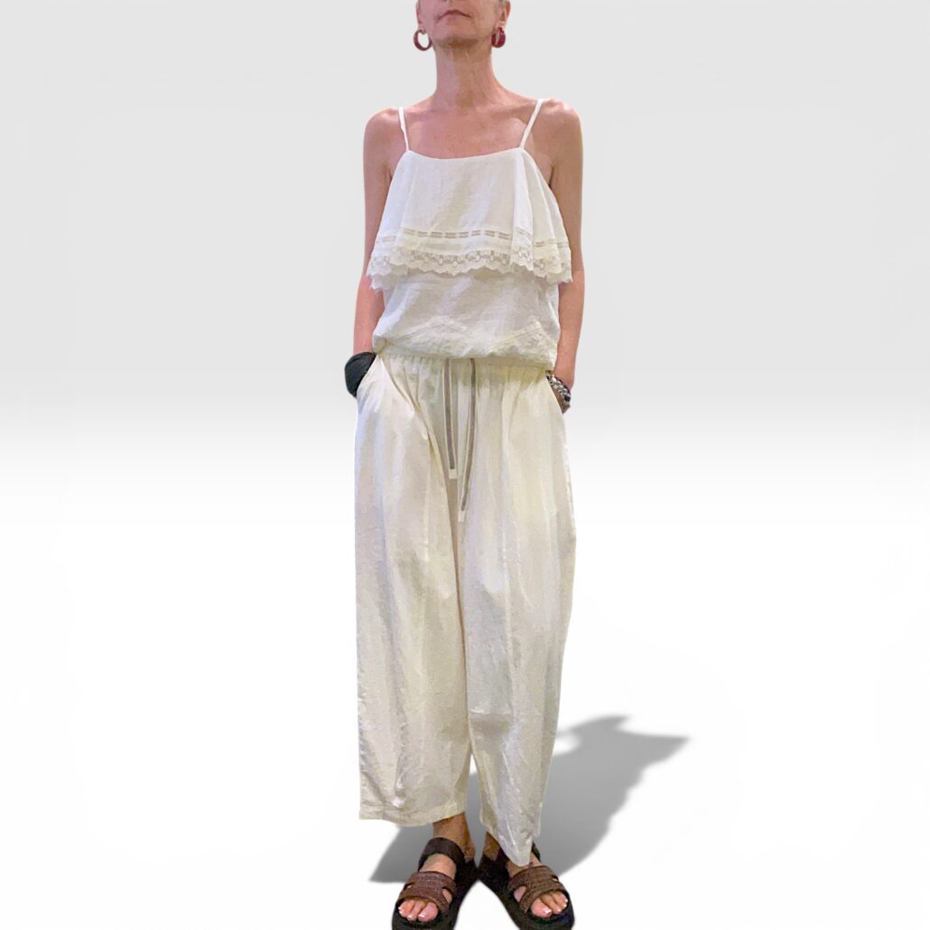Pantalone donna largo in cotone leggero burro con coulisse - immagine 2