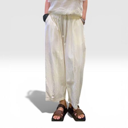 Pantalone donna largo in cotone leggero burro con coulisse