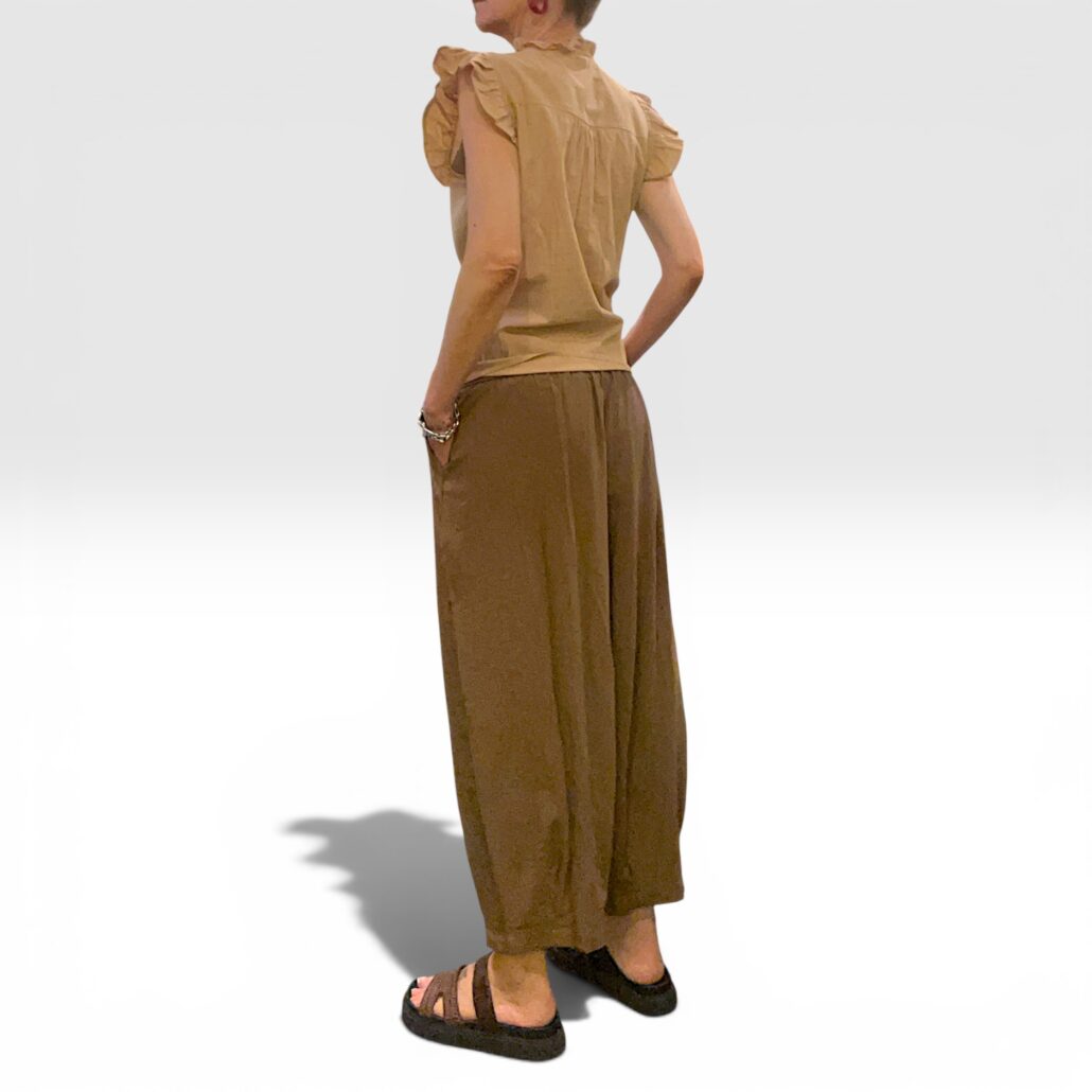 Pantalone donna largo in cotone leggero cioccolato con coulisse - immagine 5