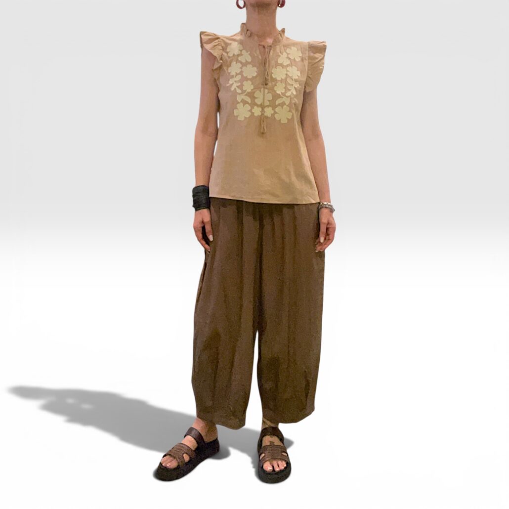 Pantalone donna largo in cotone leggero cioccolato con coulisse - immagine 7
