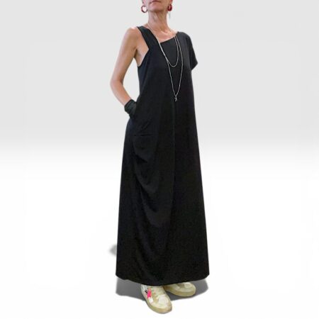 Abito donna lungo in cotone asimmetrico con tasche