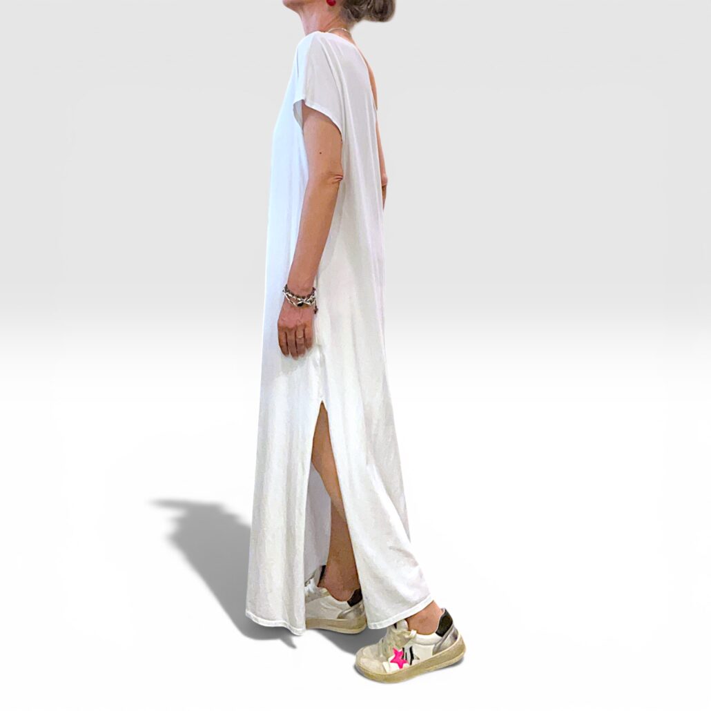 Abito donna lungo in cotone asimmetrico con tasche bianco - immagine 2
