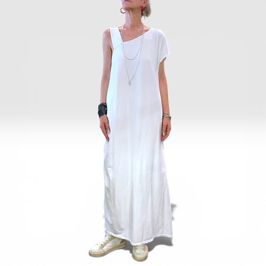 Abito donna lungo in cotone asimmetrico con tasche bianco - immagine 8