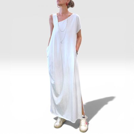 Abito donna lungo in cotone asimmetrico con tasche bianco