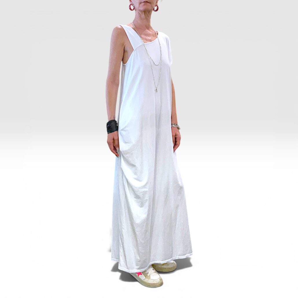 Abito donna lungo in cotone asimmetrico con tasche bianco - immagine 3