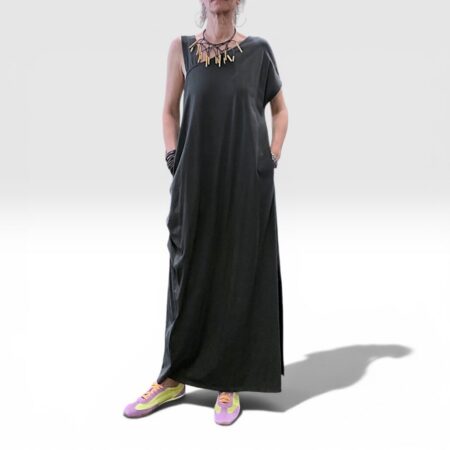 Abito donna lungo in cotone asimmetrico con tasche grigio