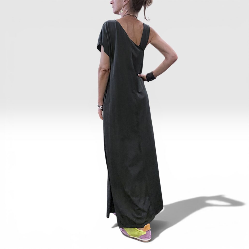 Abito donna lungo in cotone asimmetrico con tasche grigio - immagine 6