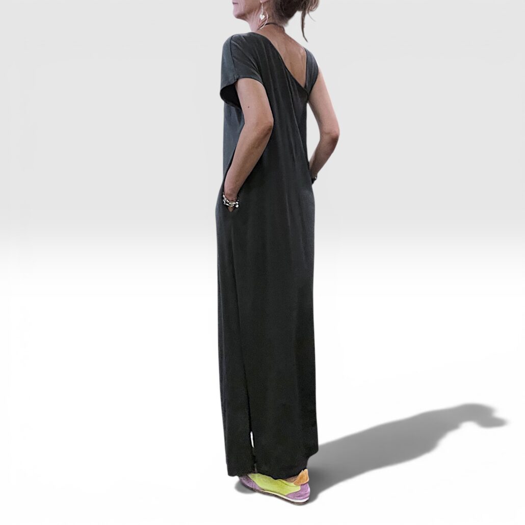 Abito donna lungo in cotone asimmetrico con tasche grigio - immagine 5