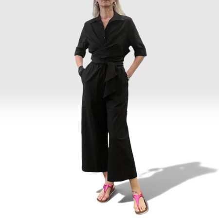 Tuta donna jumpsuit nera con fusciacca incrociata