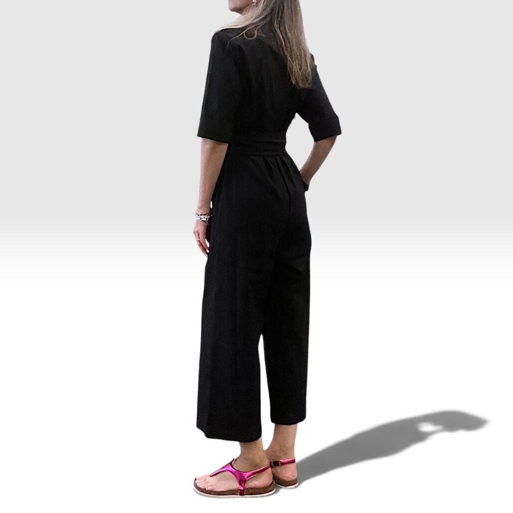 Tuta donna jumpsuit nera con fusciacca incrociata - immagine 5