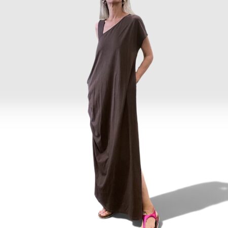 Abito donna lungo in cotone asimmetrico con tasche marrone