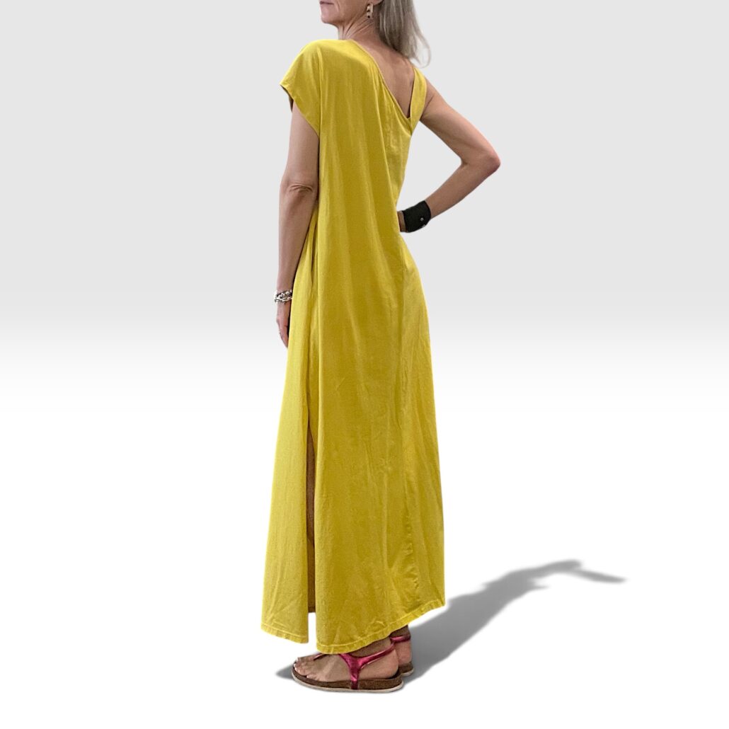 Abito donna lungo in cotone asimmetrico con tasche giallo - immagine 2
