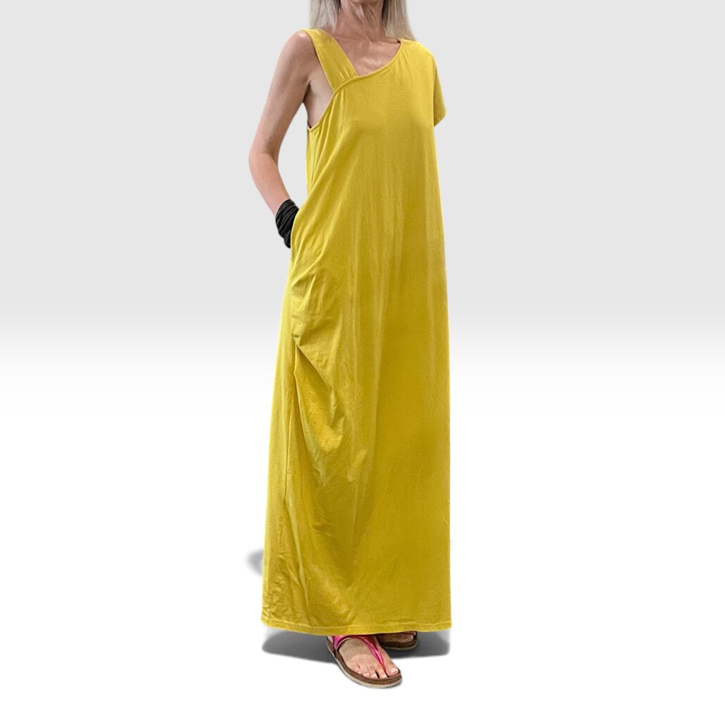 Abito donna lungo in cotone asimmetrico con tasche giallo