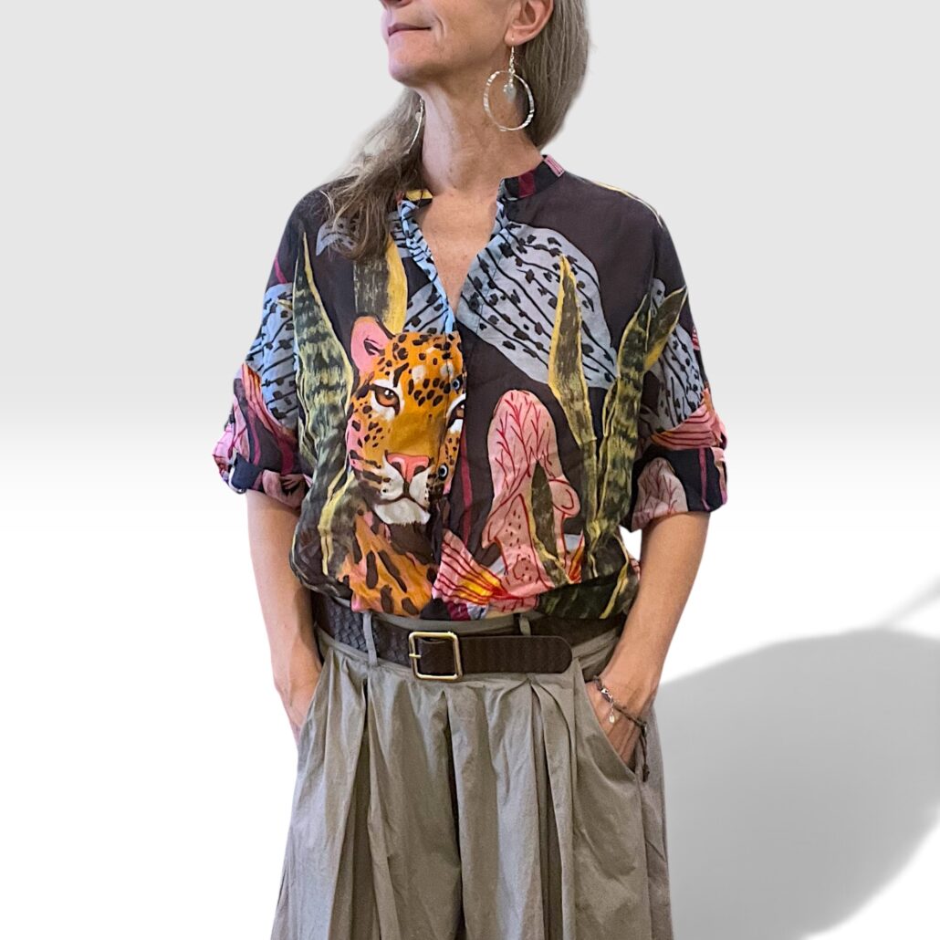 Camicia crop donna a fantasia azzurro blu rosa
