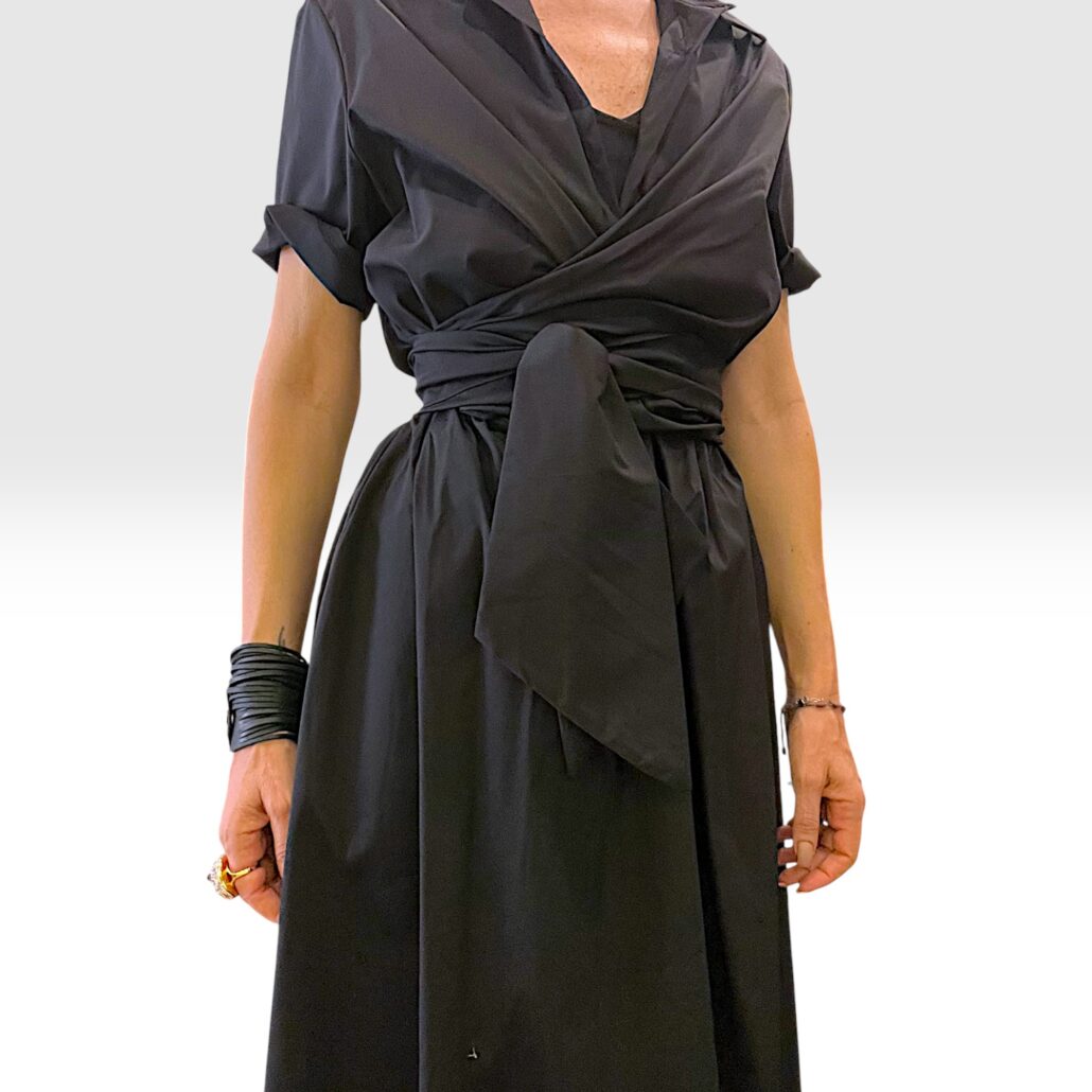 Abito donna in viscosa stretch nero con fusciacca - immagine 2