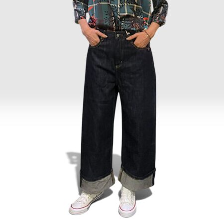 Jeans donna wide leg blu notte con maxi risvolto